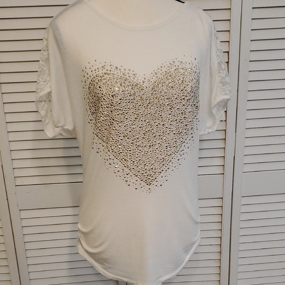 Cream Gold Heart Embellished Top with Lace Sleeves and Back, Italy, Size Large